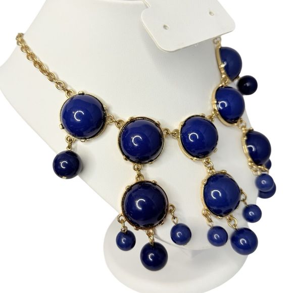 Navy Blue Cabochon Chandelier Statement Necklace 22” Bubbles Runway Gold Tone - Picture 4 of 16